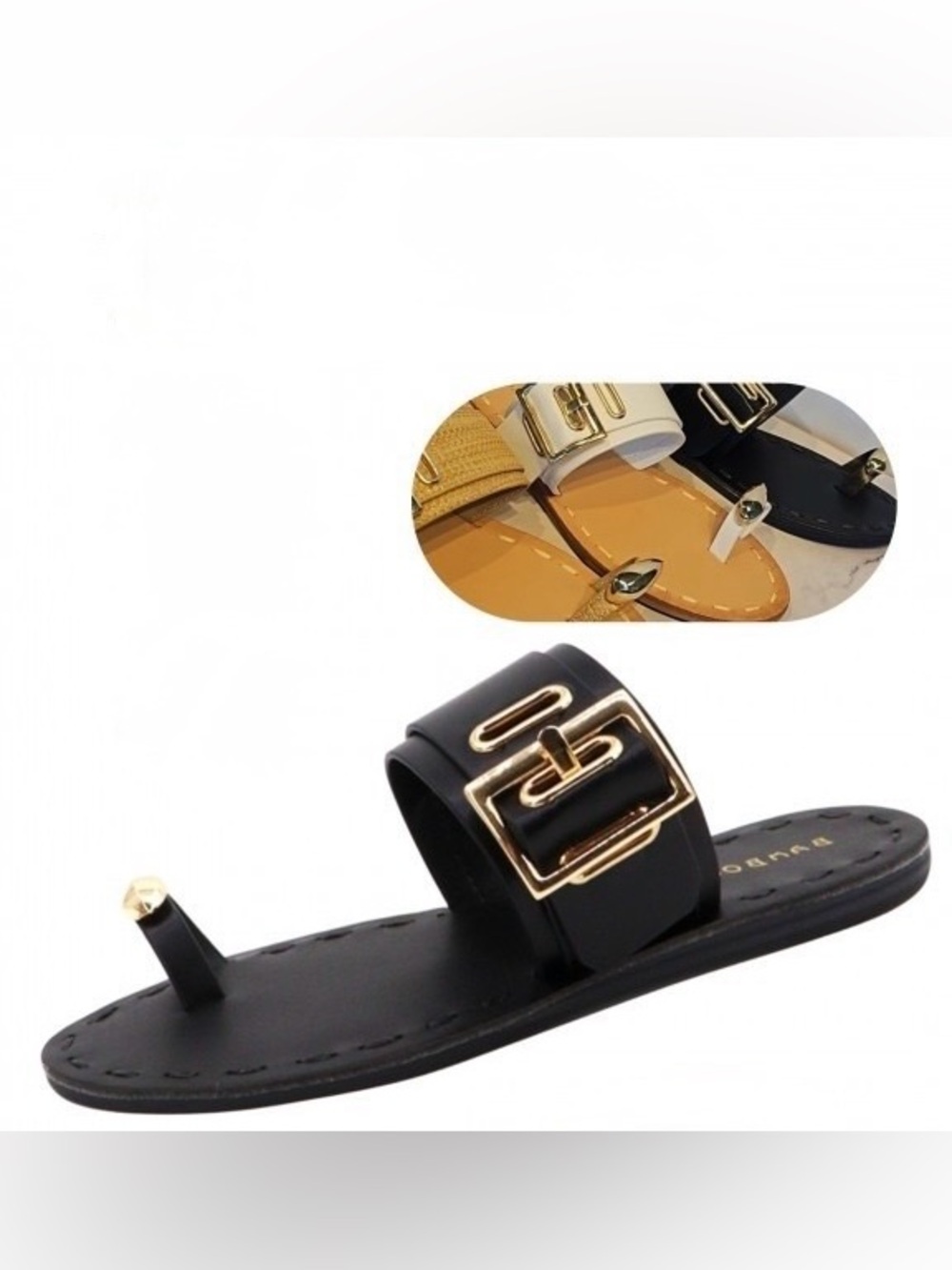 Black Women’s Slide Sandals with Gold-tone Buckle Accent